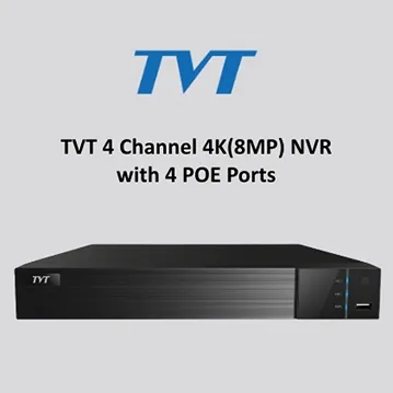 TVT 4 Channel 4K (8MP) NVR with 4 POE Ports & 2TB Hard Drive